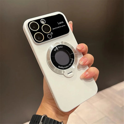 For iPhone 15 Pro Logo View Kickstand Phone Cover Compatible with MagSafe Hard PC Back Case with Lens Film - Ivory White - 1