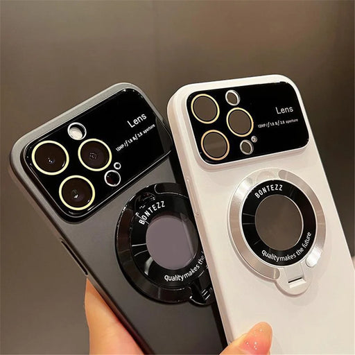 For iPhone 15 Pro Logo View Kickstand Phone Cover Compatible with MagSafe Hard PC Back Case with Lens Film - Ivory White - 2