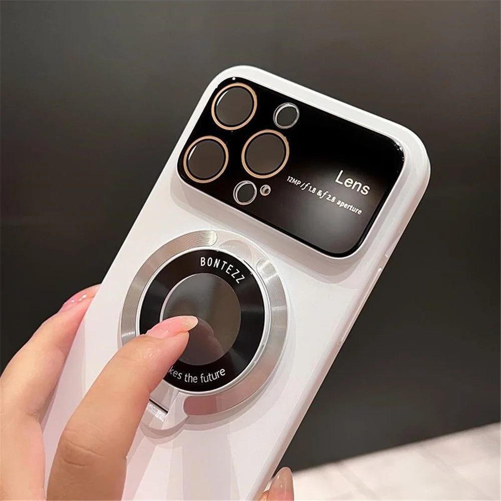 For iPhone 15 Pro Logo View Kickstand Phone Cover Compatible with MagSafe Hard PC Back Case with Lens Film - Ivory White - 3