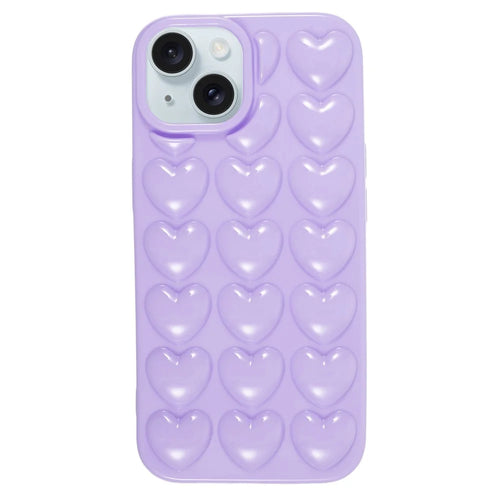 For iPhone 15 Shockproof Mobile Phone Protective Cover 3D Love Heart Soft TPU Back Case - Purple - 1