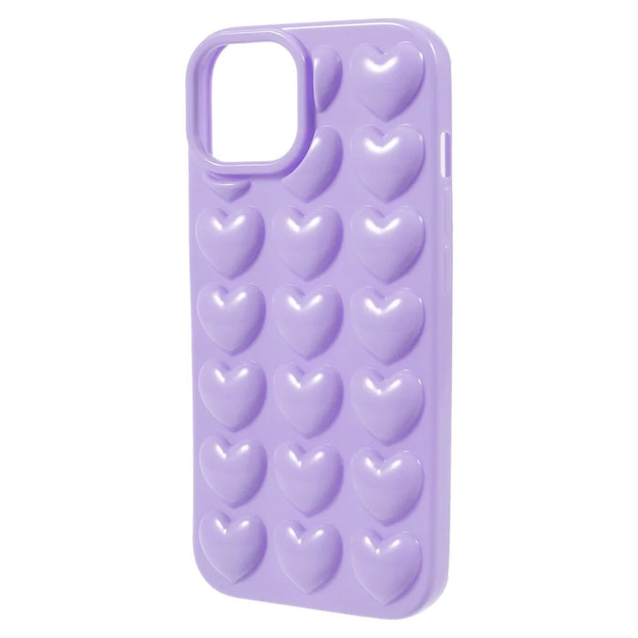 For iPhone 15 Shockproof Mobile Phone Protective Cover 3D Love Heart Soft TPU Back Case - Purple - 3