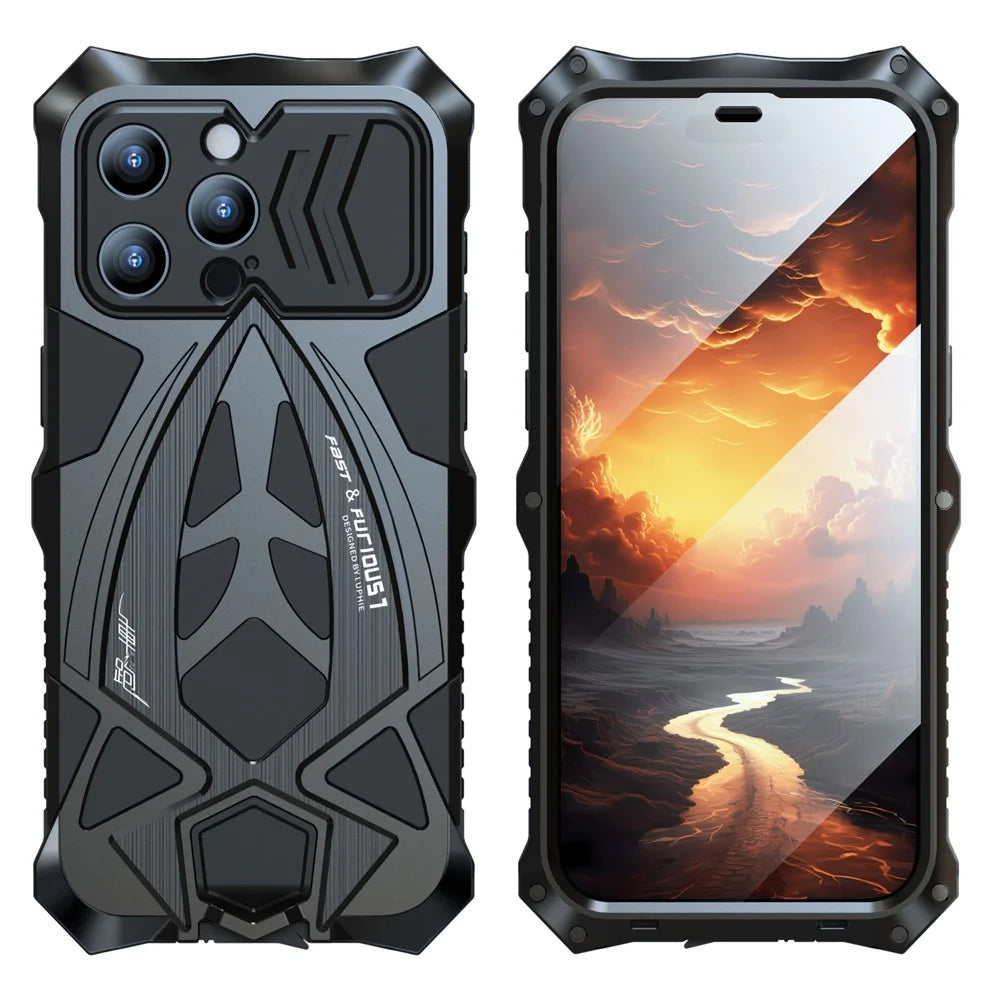 LUPHIE for iPhone 15 Plus Metal+TPU Phone Case Sports Car Design All-round Protection Phone Cover with Screen Film - Black - 1