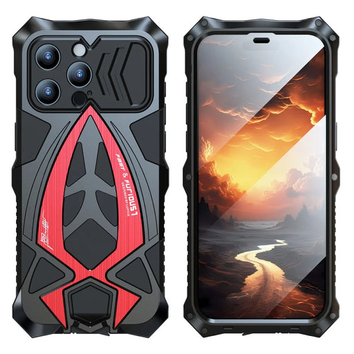 LUPHIE All-Inclusive Protection Phone Case for iPhone 15 Pro Sports Car Design Metal+TPU Case with Screen Film - Black  /  Red - 1