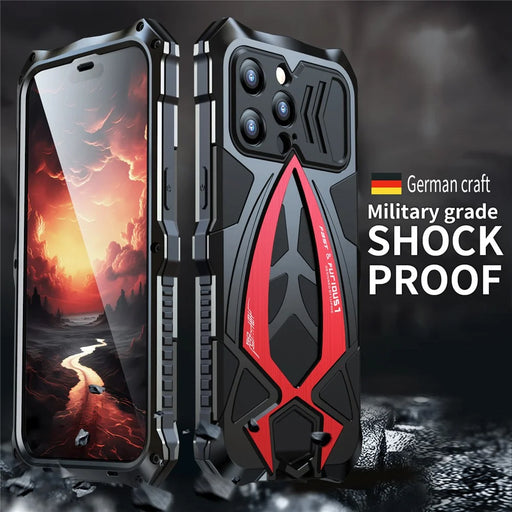 LUPHIE Shockproof Drop-proof Metal+TPU Case for iPhone 15 Pro Max Sports Car Design Cover with Screen Protector - Black  /  Red - 2
