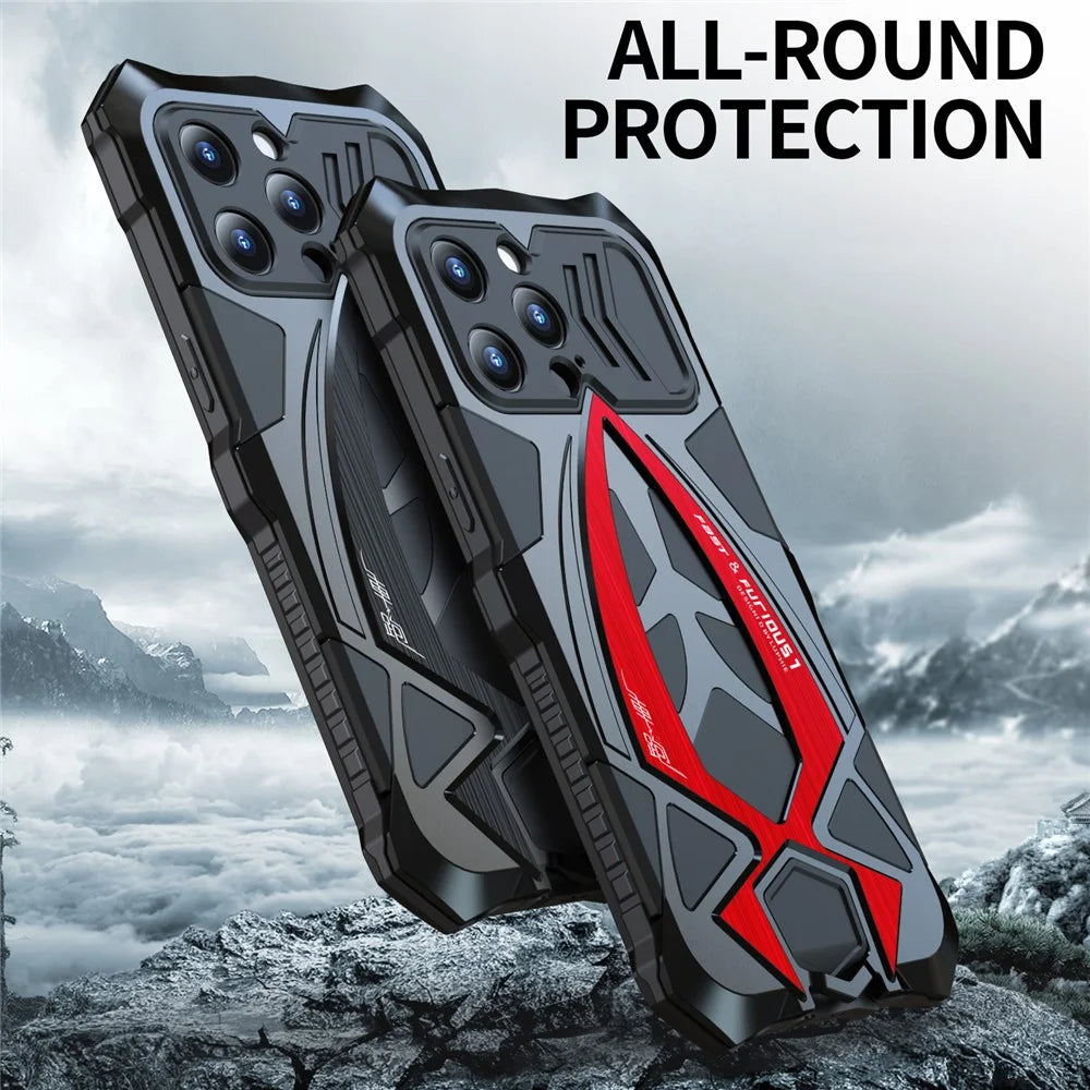 LUPHIE Shockproof Drop-proof Metal+TPU Case for iPhone 15 Pro Max Sports Car Design Cover with Screen Protector - Black  /  Red - 7