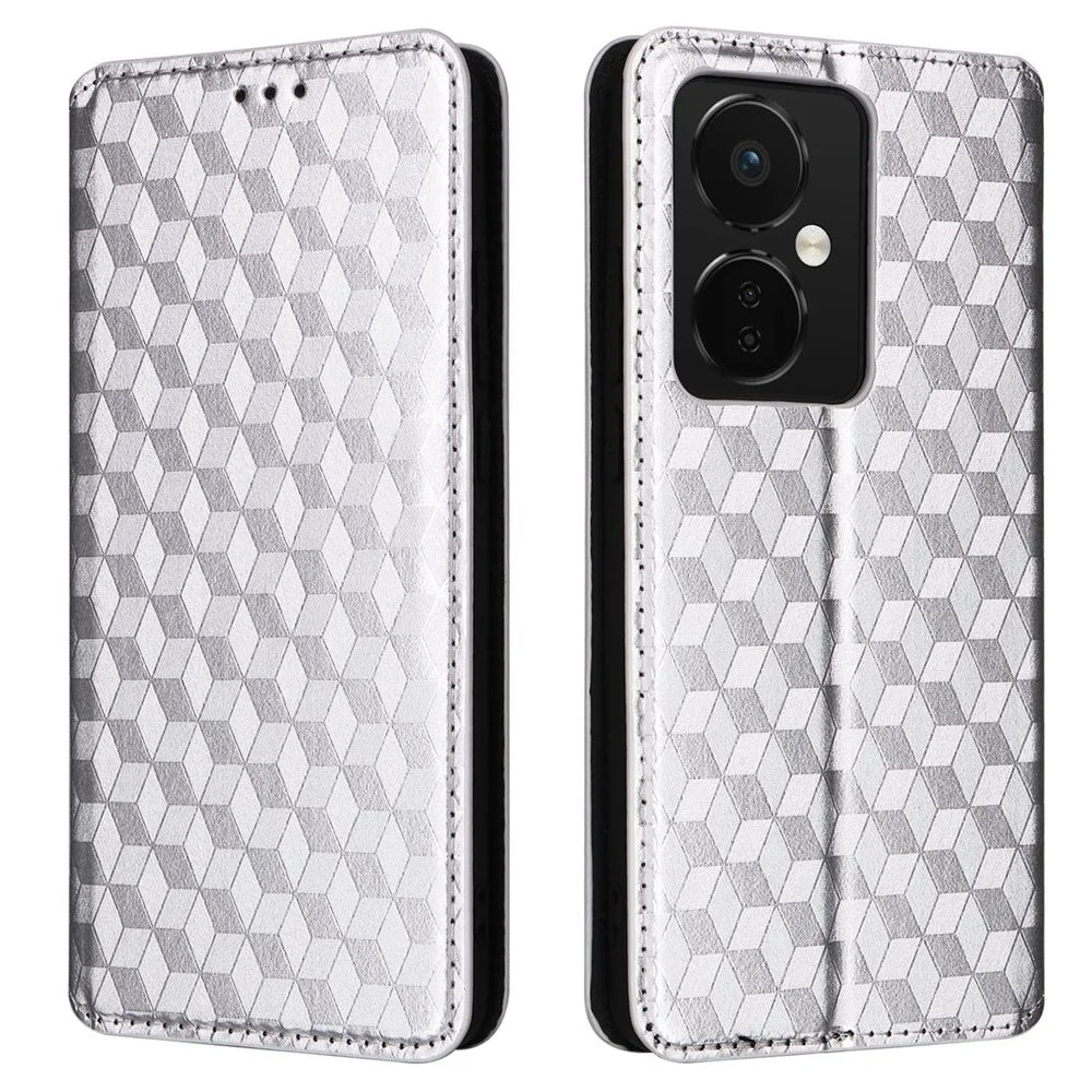 For Oppo K11 5G / OnePlus Nord CE3 5G Imprinted Rhombus Wallet Phone Case Dustproof PU Leather Stand Cover - Silver - 1