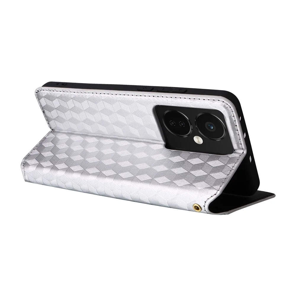 For Oppo K11 5G / OnePlus Nord CE3 5G Imprinted Rhombus Wallet Phone Case Dustproof PU Leather Stand Cover - Silver - 4