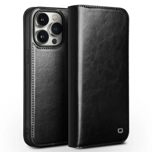 QIALINO For iPhone 15 Pro Max Genuine Leather Folio Flip Cover Wallet Stand Full Protection Phone Case - Black - 1