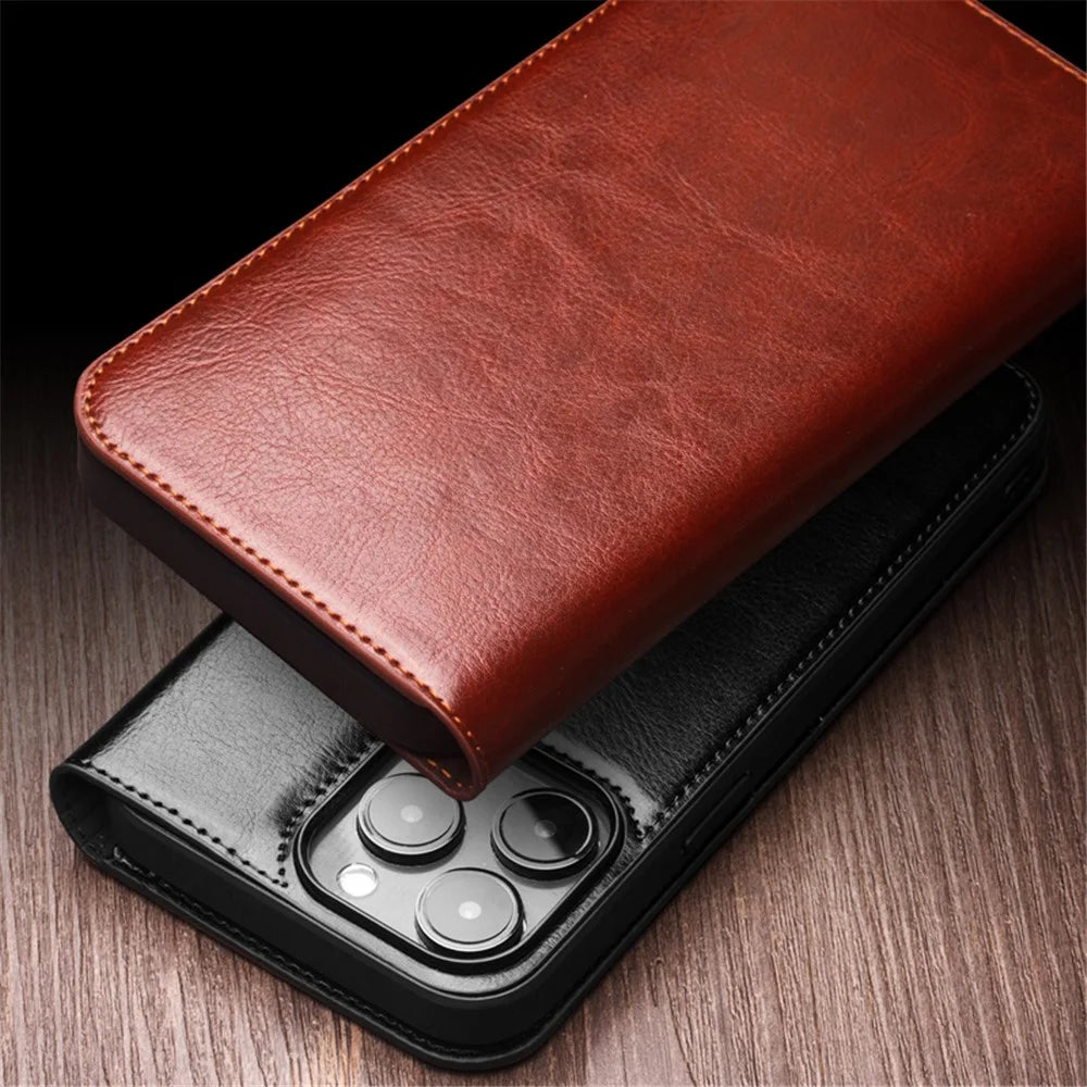QIALINO For iPhone 15 Pro Max Genuine Leather Folio Flip Cover Wallet Stand Full Protection Phone Case - Black - 5