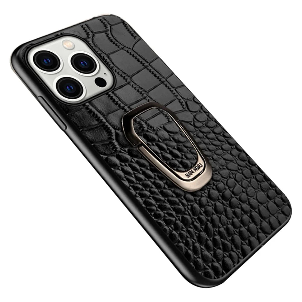 For iPhone 15 Pro Genuine Cow Leather TPU Phone Case Crocodile Texture Kickstand Cell Phone Cover - Black - 1