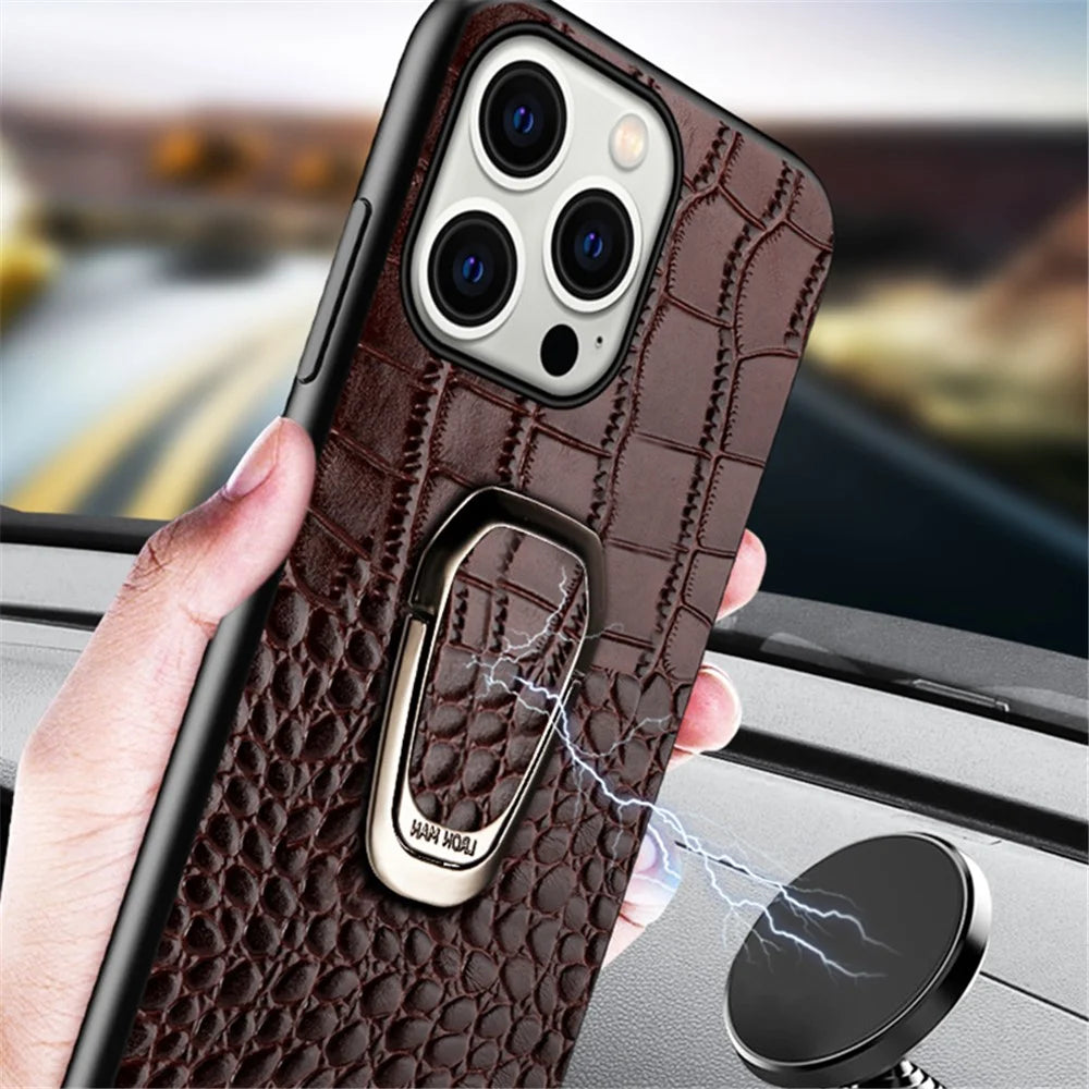 For iPhone 15 Pro Genuine Cow Leather TPU Phone Case Crocodile Texture Kickstand Cell Phone Cover - Black - 6