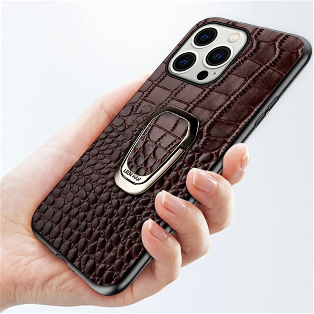 For iPhone 15 Pro Genuine Cow Leather TPU Phone Case Crocodile Texture Kickstand Cell Phone Cover - Black - 7