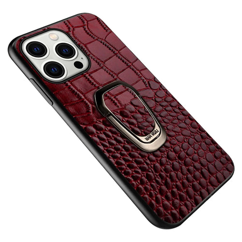 For iPhone 15 Plus Ring Kickstand Phone Back Case Crocodile Texture Genuine Cow Leather TPU Mobile Cover - Wine Red - 1