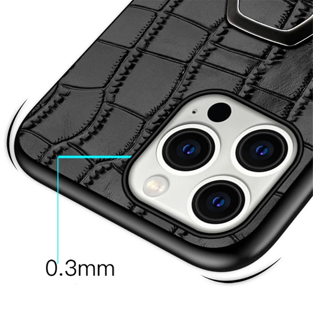 For iPhone 15 Pro Max Anti-scratch Genuine Cow Leather TPU Cover Crocodile Texture Phone Case with Ring Kickstand - Coffee - 4