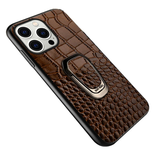 For iPhone 15 Genuine Cow Leather TPU Mobile Cover Crocodile Texture Shockproof Kickstand Phone Case - Coffee - 1