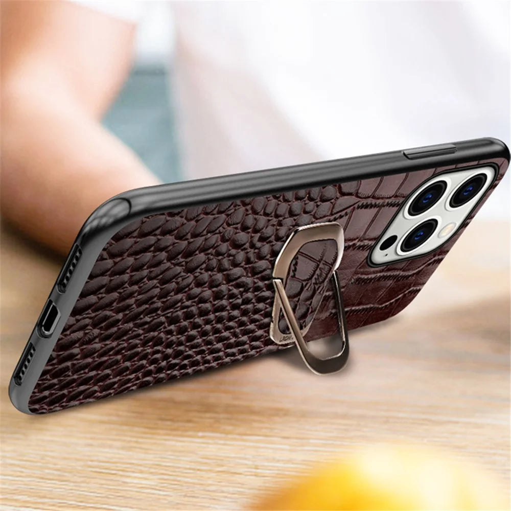 For iPhone 15 Genuine Cow Leather TPU Mobile Cover Crocodile Texture Shockproof Kickstand Phone Case - Coffee - 2