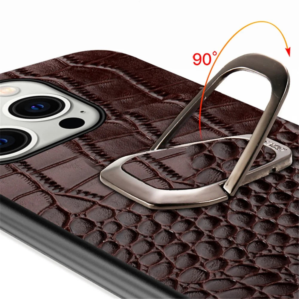 For iPhone 15 Genuine Cow Leather TPU Mobile Cover Crocodile Texture Shockproof Kickstand Phone Case - Coffee - 3