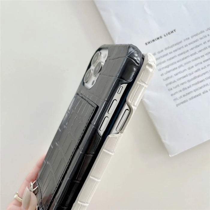 For iPhone 15 Plus Protective Case Crocodile Textured PU+PC 2 Card Slots Phone Cover Anti-Scratch Phone Shell with Strap - Black - 4