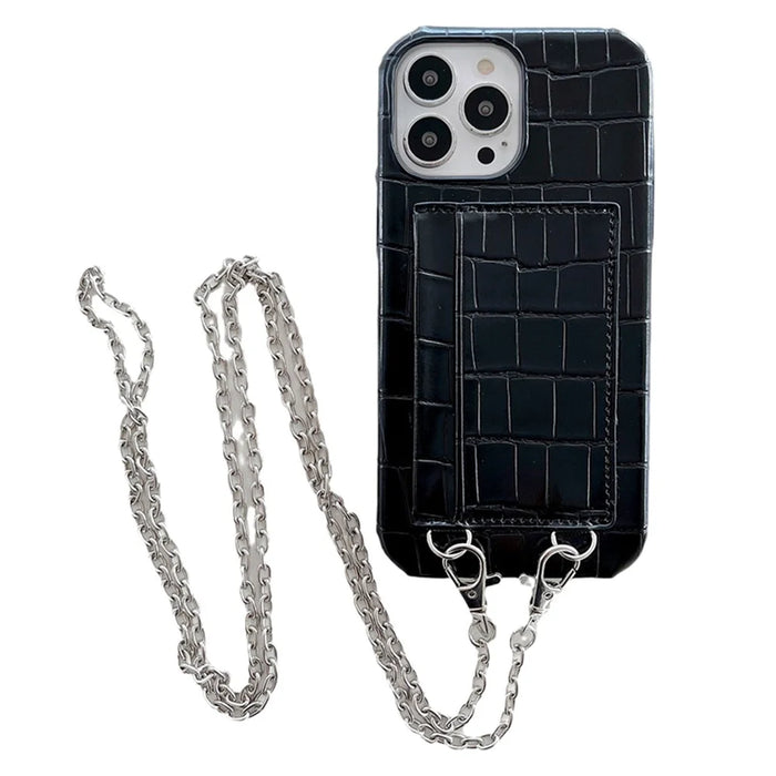 2 Card Slots Anti-Drop Phone Case for iPhone 15 Pro Max Crocodile Textured PU+PC Phone Cover with Strap - Black - 1