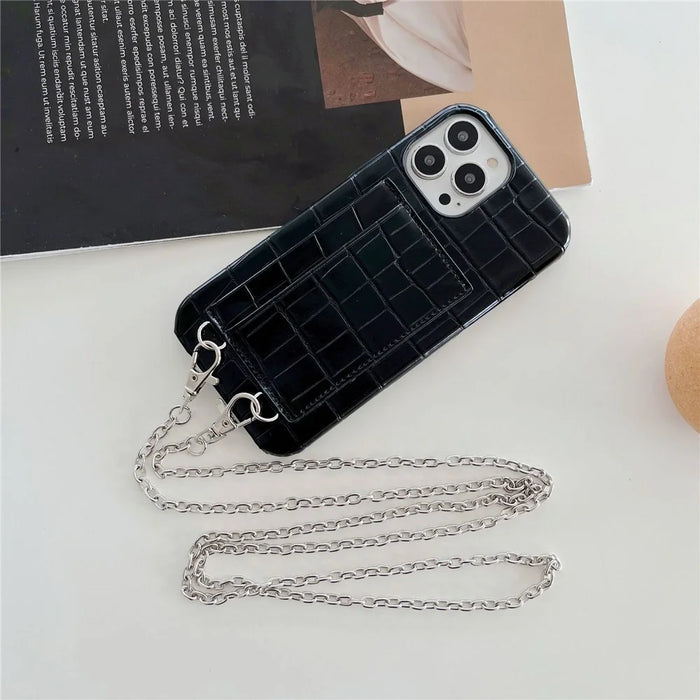 2 Card Slots Anti-Drop Phone Case for iPhone 15 Pro Max Crocodile Textured PU+PC Phone Cover with Strap - Black - 2