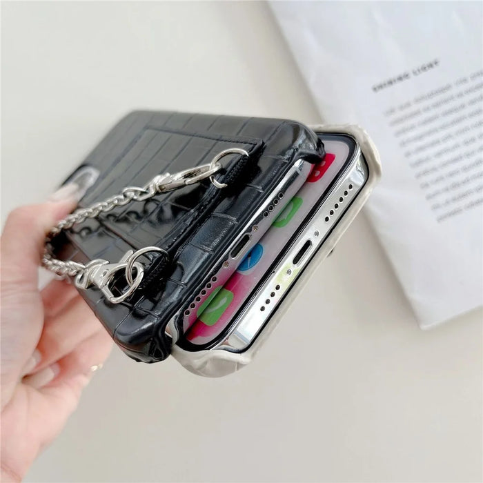 2 Card Slots Anti-Drop Phone Case for iPhone 15 Pro Max Crocodile Textured PU+PC Phone Cover with Strap - Black - 3