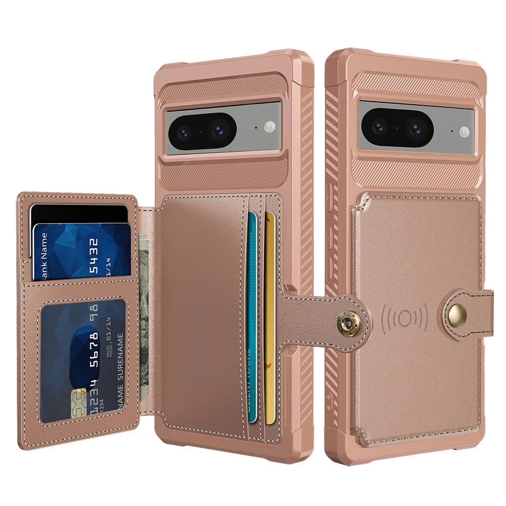 For Google Pixel 8 Card Bag Phone Case PU Leather+TPU Cover Support Magnetic Car Mount - Pink - 2