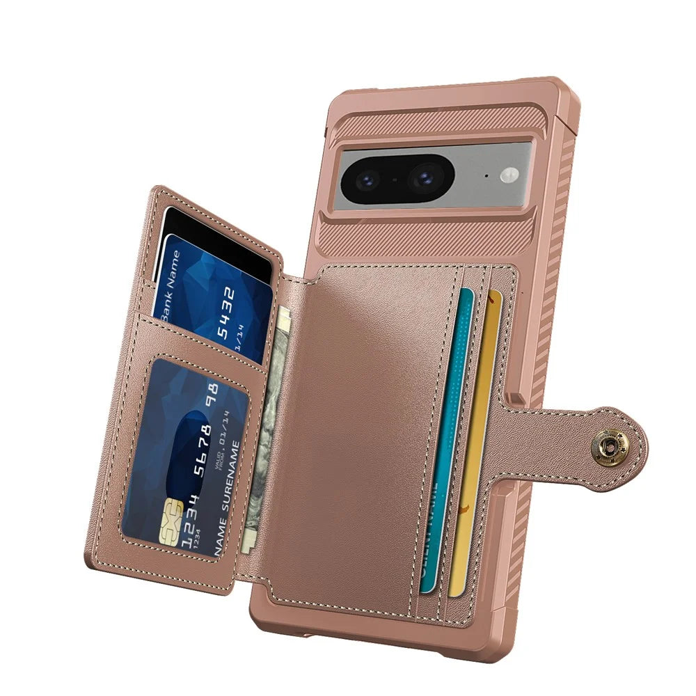 For Google Pixel 8 Card Bag Phone Case PU Leather+TPU Cover Support Magnetic Car Mount - Pink - 3