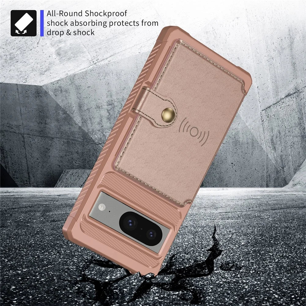 For Google Pixel 8 Card Bag Phone Case PU Leather+TPU Cover Support Magnetic Car Mount - Pink - 4