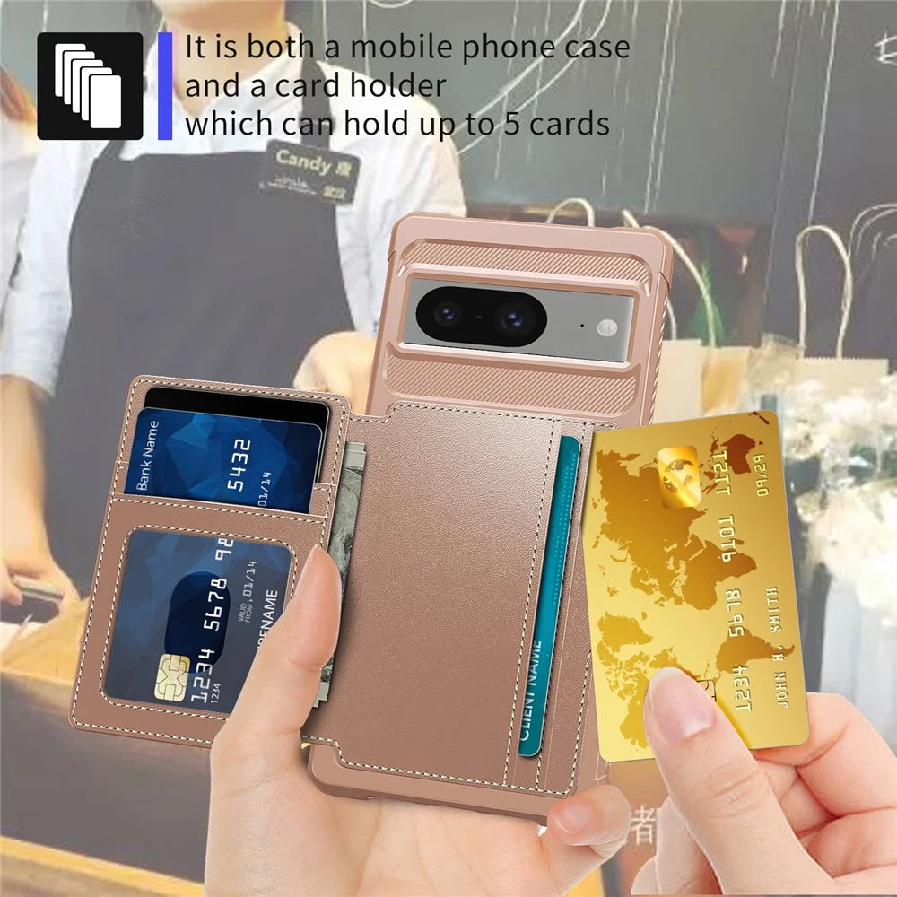 For Google Pixel 8 Card Bag Phone Case PU Leather+TPU Cover Support Magnetic Car Mount - Pink - 5