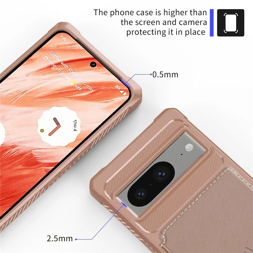 For Google Pixel 8 Card Bag Phone Case PU Leather+TPU Cover Support Magnetic Car Mount - Pink - 6
