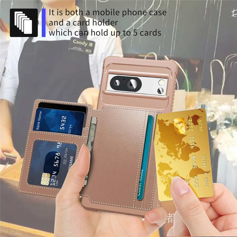 For Google Pixel 8 Pro PU Leather+TPU Anti-drop Cover Card Bag Phone Case Support Magnetic Car Mount - Pink - 5