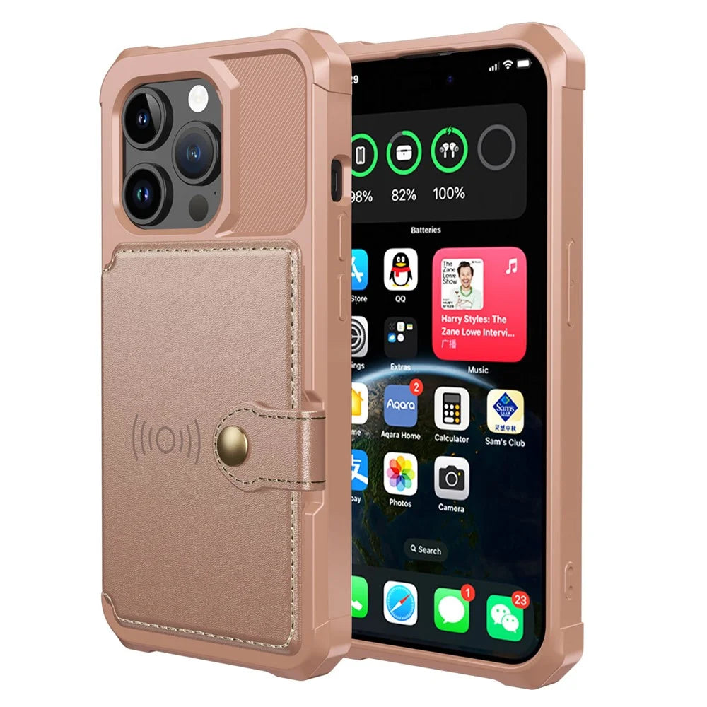 For iPhone 15 Pro Max Card Holder Wallet Phone Case PU Leather+TPU Cover Support Magnetic Car Mount - Pink - 1