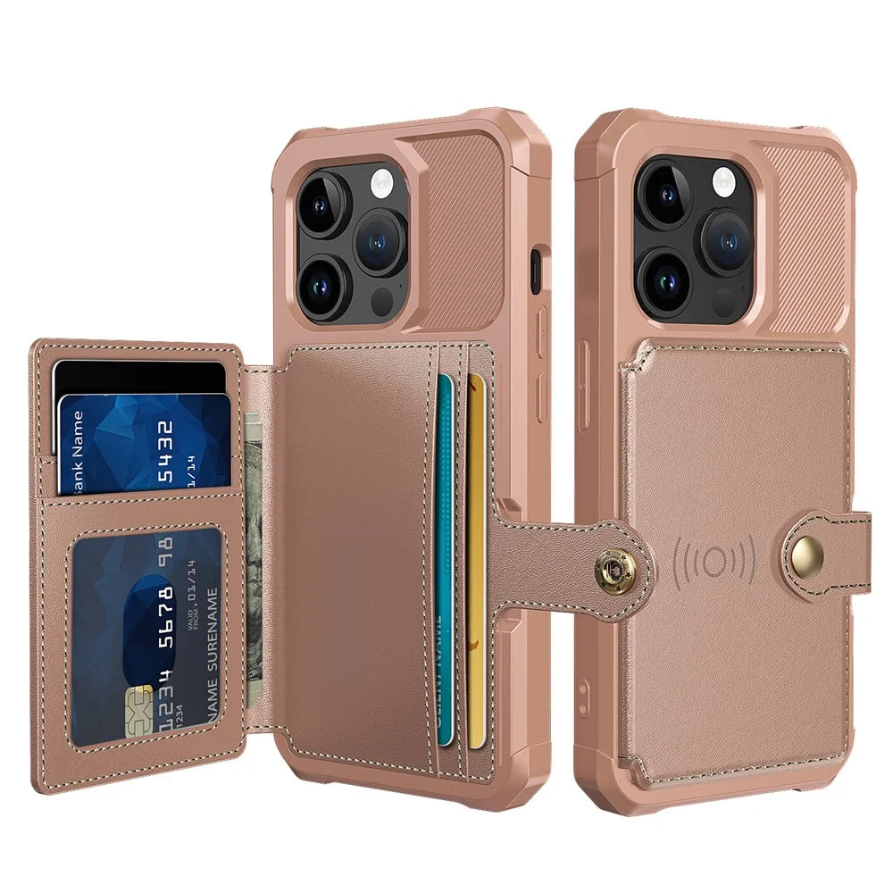 For iPhone 15 Pro Max Card Holder Wallet Phone Case PU Leather+TPU Cover Support Magnetic Car Mount - Pink - 2