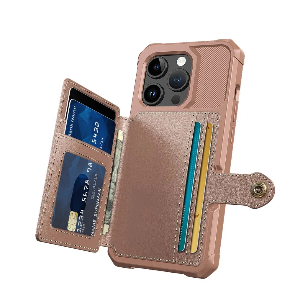 For iPhone 15 Pro Max Card Holder Wallet Phone Case PU Leather+TPU Cover Support Magnetic Car Mount - Pink - 3