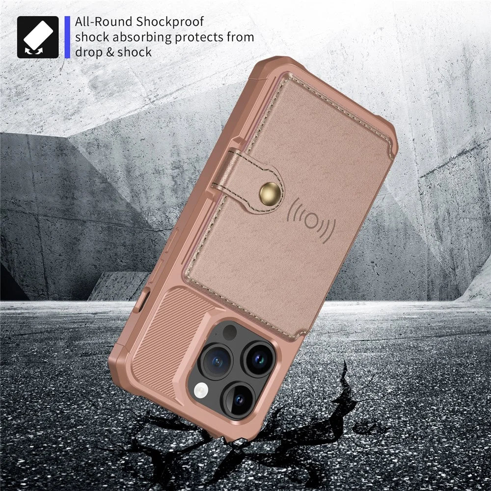 For iPhone 15 Pro Max Card Holder Wallet Phone Case PU Leather+TPU Cover Support Magnetic Car Mount - Pink - 4