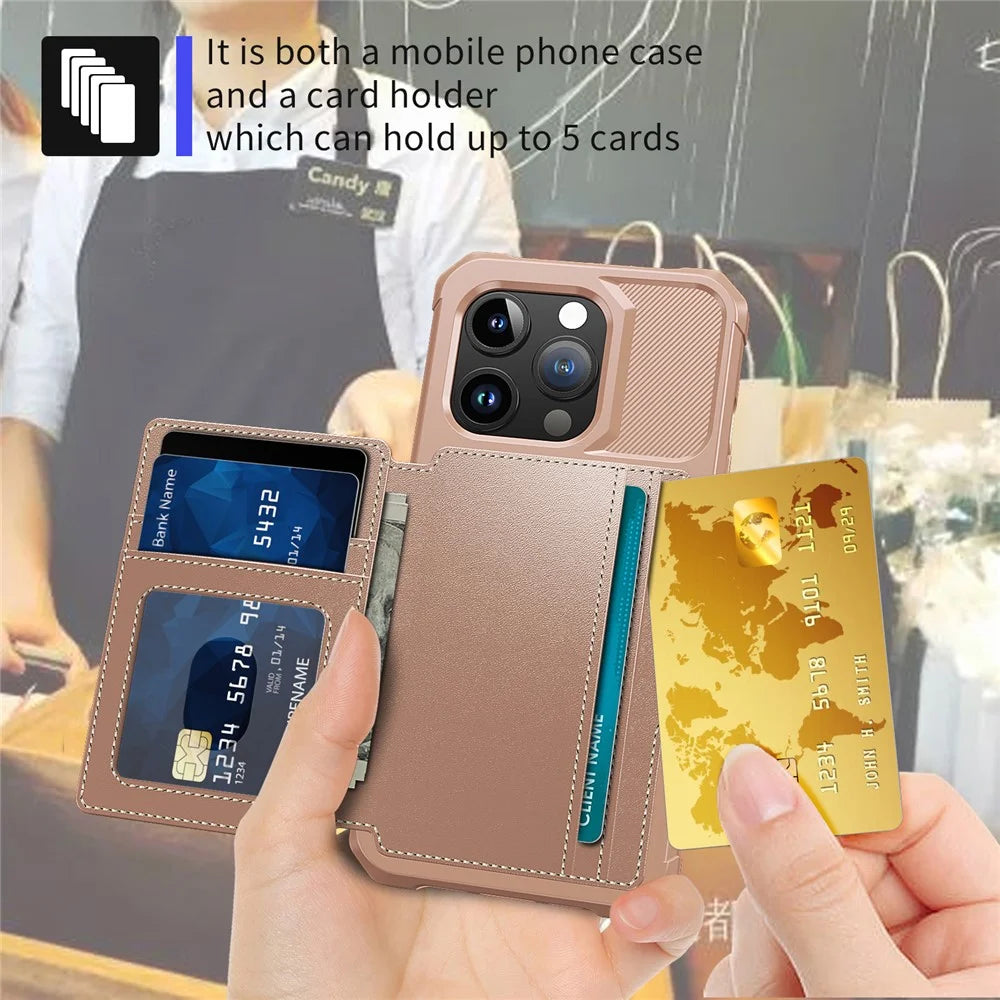 For iPhone 15 Pro Max Card Holder Wallet Phone Case PU Leather+TPU Cover Support Magnetic Car Mount - Pink - 5
