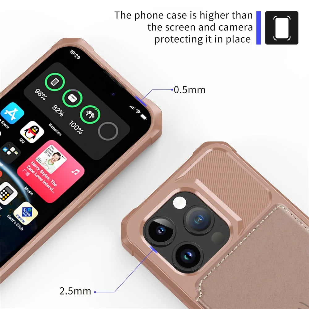 For iPhone 15 Pro Max Card Holder Wallet Phone Case PU Leather+TPU Cover Support Magnetic Car Mount - Pink - 6