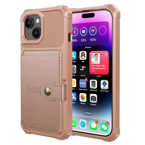 For iPhone 15 PU Leather+TPU Phone Case Card Holder Wallet Back Cover Support Magnetic Car Mount - Pink - 1
