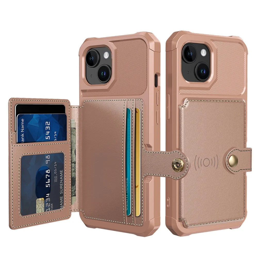 For iPhone 15 PU Leather+TPU Phone Case Card Holder Wallet Back Cover Support Magnetic Car Mount - Pink - 2