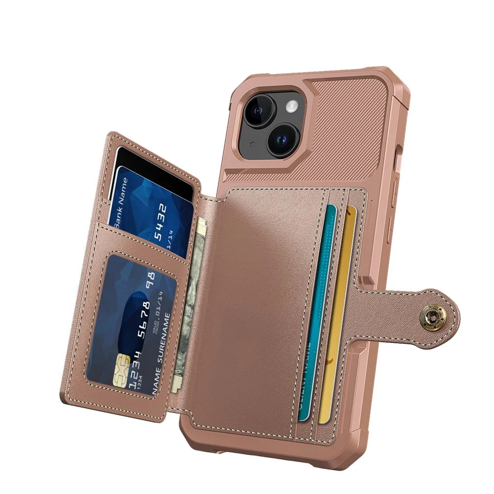 For iPhone 15 PU Leather+TPU Phone Case Card Holder Wallet Back Cover Support Magnetic Car Mount - Pink - 3