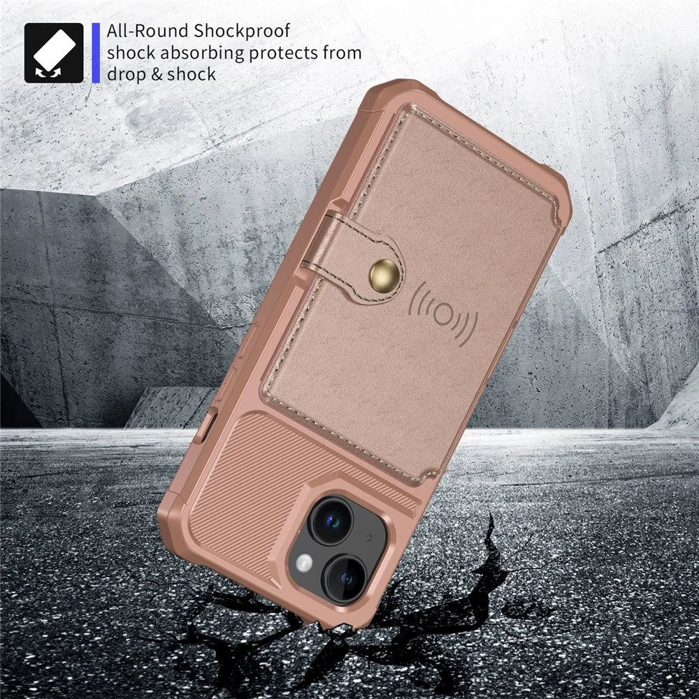 For iPhone 15 PU Leather+TPU Phone Case Card Holder Wallet Back Cover Support Magnetic Car Mount - Pink - 4