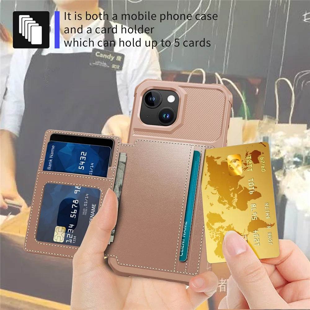 For iPhone 15 PU Leather+TPU Phone Case Card Holder Wallet Back Cover Support Magnetic Car Mount - Pink - 5