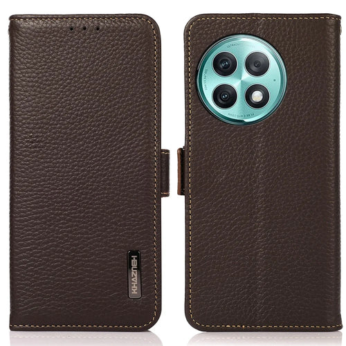 KHAZNEH For OnePlus Ace 2 Pro 5G RFID Blocking Phone Case Genuine Cow Leather Stand Wallet Cover - Brown - 1