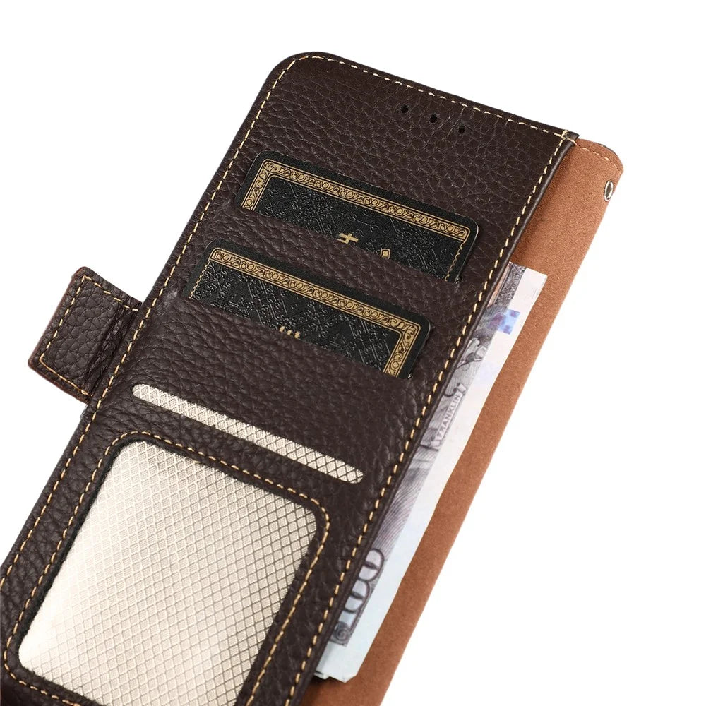 KHAZNEH For OnePlus Ace 2 Pro 5G RFID Blocking Phone Case Genuine Cow Leather Stand Wallet Cover - Brown - 5