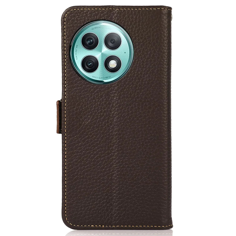 KHAZNEH For OnePlus Ace 2 Pro 5G RFID Blocking Phone Case Genuine Cow Leather Stand Wallet Cover - Brown - 7