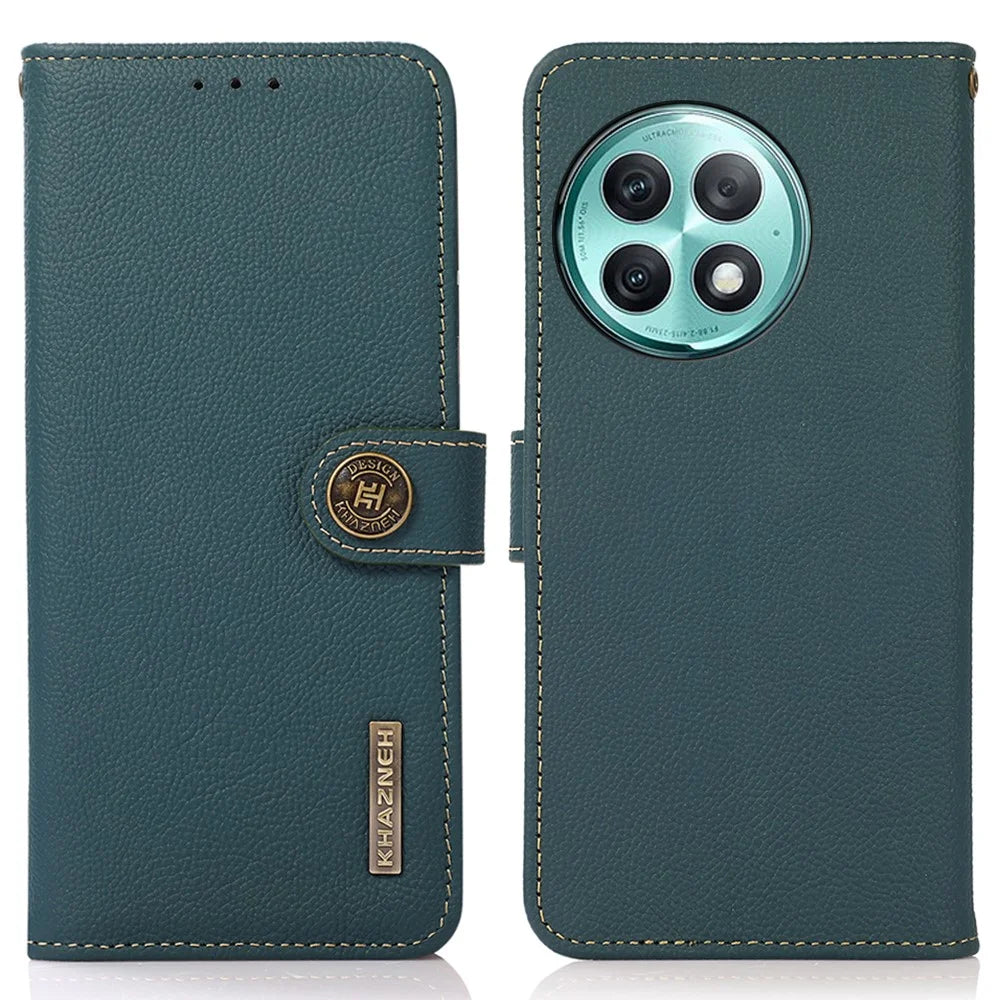 KHAZNEH Wallet Case for OnePlus Ace 2 Pro 5G RFID Blocking Genuine Cow Leather Foldable Stand Phone Cover - Green - 1