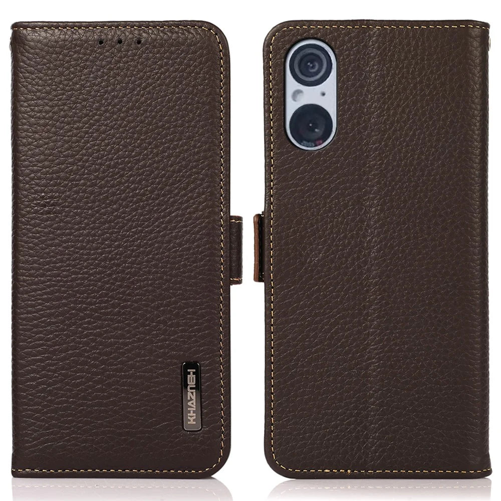 KHAZNEH For Sony Xperia 5 V RFID Blocking Genuine Cow Leather Wallet Cover Litchi Texture Phone Stand Case - Brown - 1