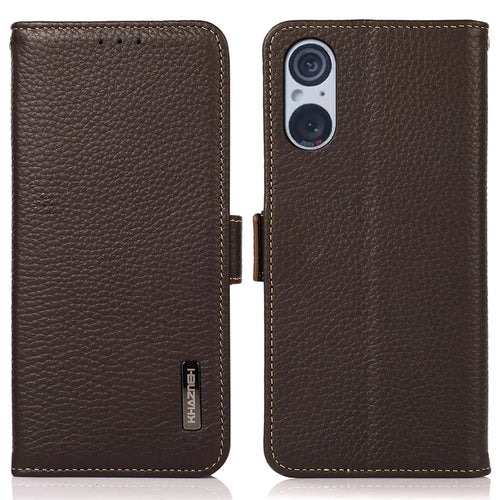 KHAZNEH For Sony Xperia 5 V RFID Blocking Genuine Cow Leather Wallet Cover Litchi Texture Phone Stand Case - Brown - 1