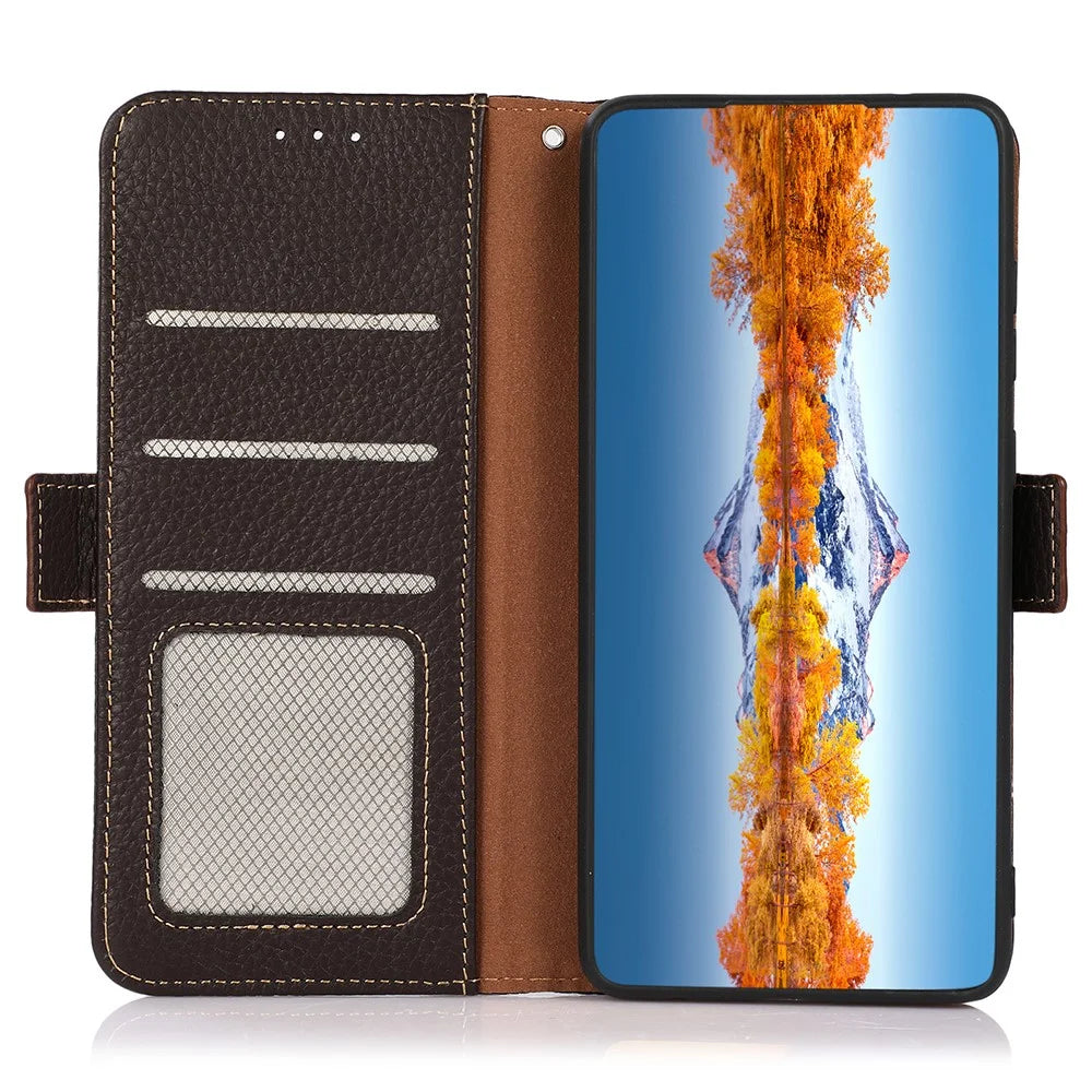 KHAZNEH For Sony Xperia 5 V RFID Blocking Genuine Cow Leather Wallet Cover Litchi Texture Phone Stand Case - Brown - 4