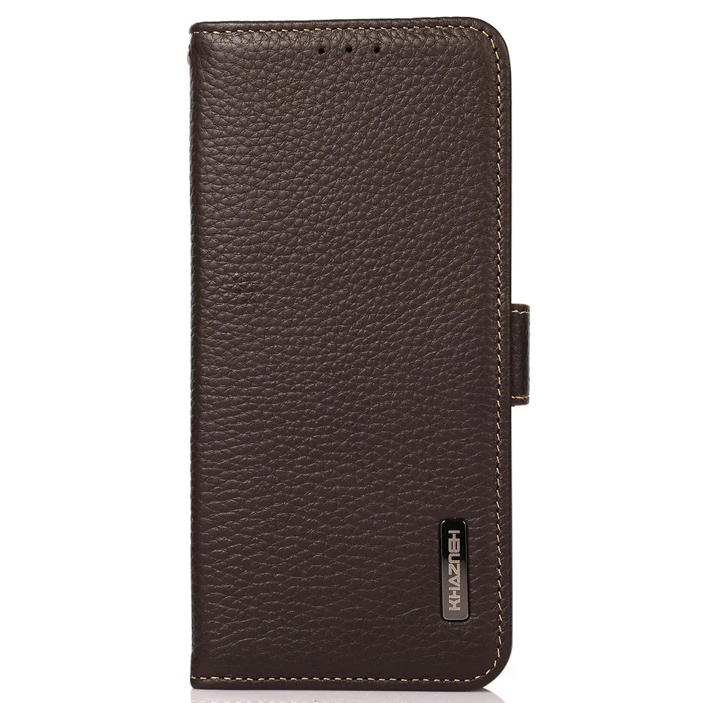 KHAZNEH For Sony Xperia 5 V RFID Blocking Genuine Cow Leather Wallet Cover Litchi Texture Phone Stand Case - Brown - 6